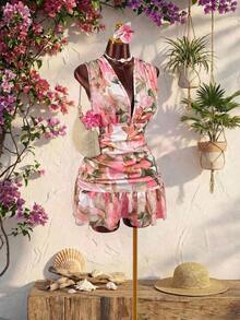 Vestido de vacaciones sin mangas con cuello en V profundo, estampado floral y drapeado - Multicolor - Ver 12