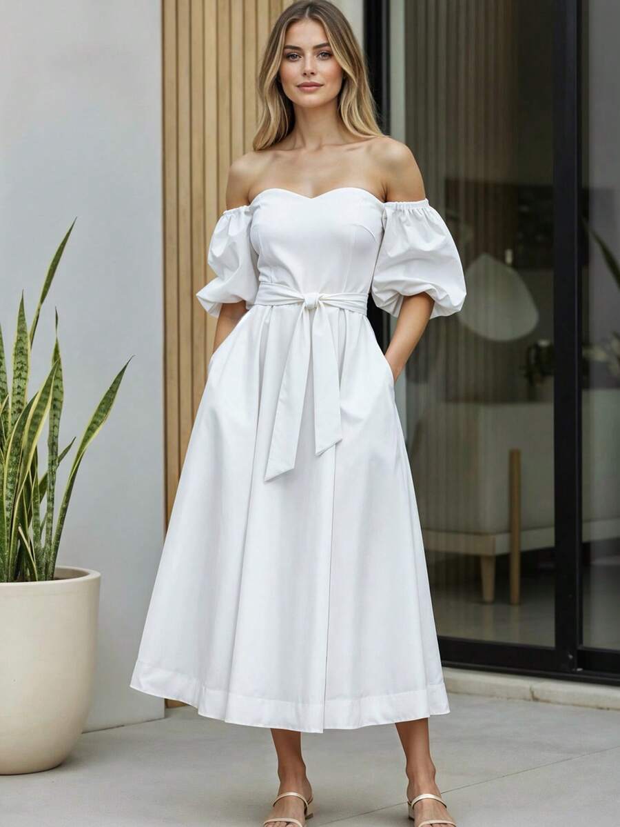 Women's Off Shoulder Long Dress Adjustable Belt Puff Sleeve - White - View 1