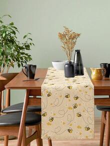1 Pc Bee And Floral Border Print Polyester Table Runner Rustic Vintage Style Rectangle Washable Decorative Table Runner For Kitchen Dining Room - Yellow - View 1