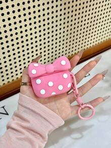 Polka Dot Bow Earphone Case, Cartoon Dirt-Resistant Hard Shell, Pendant, Girly Accessory, Full Protection - Pink - View 9