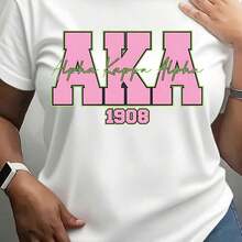 AKA S1orority Crew Neck , Pink & Green T-S1Hirt, Wo's AKA S1orority, Pretty Cute Aka T-S1Hirt, Comfortable Fit, AKA Letter Printed T-S1Hirt, Wo's C1Asual S1Hort T-S1Hirt- - 白色 - 查看 1