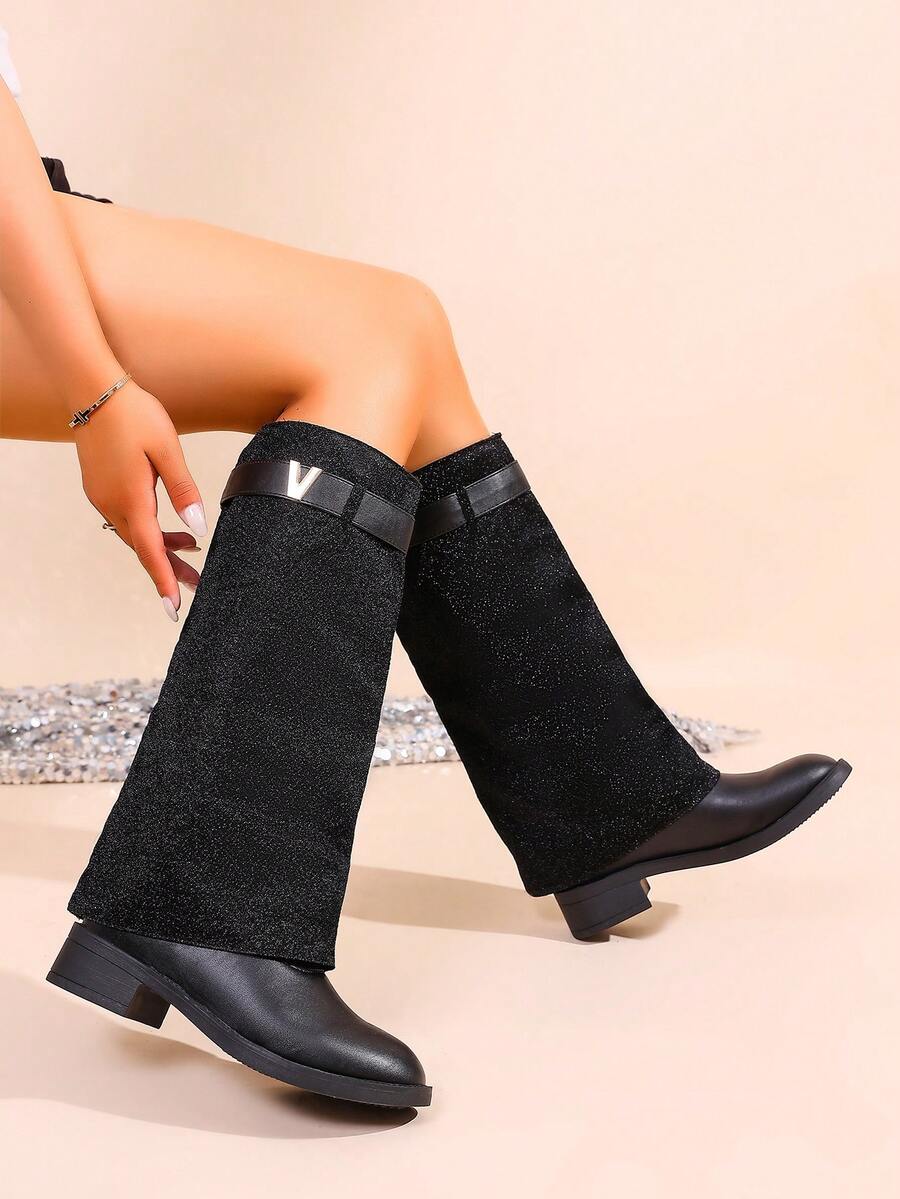 Women's Autumn/Winter Letter V Buckle Fold-Over Mid-Calf Boots, Chunky Heel Solid Color Street Style Ruched Leg Boots - Black - View 1