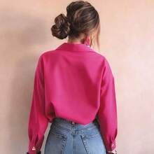 Camisa básica elegante y casual con botones de metal en forma de corazón a rayas de color rosa pálido, ropa de exterior casual de otoño/invierno, ropa casual de negocios para mujer en primavera - Azul marino - Ver 7
