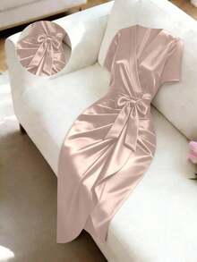 Raffinéa Vestido de mujer de satén con escote en V en color rojo picante, con volantes asimétricos en el bajo y mangas cortas, adecuado para uso diario elegante, salidas glamorosas y citas románticas - Rosa - Ver 6