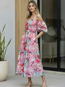 Vestido Largo Hombros Descubiertos Cinturón Ajustable Manga Bombacha Para Mujer - Rosa estampado - Ver 3