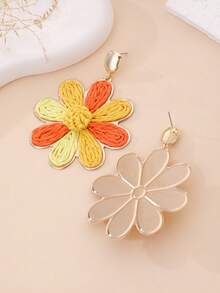 1 Pair Handmade Bohemian Style Raffia Flower Earrings, Retro Contrast Color Metal Earrings, Suitable For Beach, Party, Afternoon Tea, Daily Commute - Orange - View 4