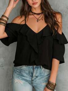 Blusa de hombros descubiertos ribete con fruncido - Negro - Ver 5
