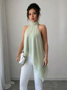 informal sin mangas color verde menta con cuello halter, top con bajo asimétrico para el verano - Verde - Ver 6