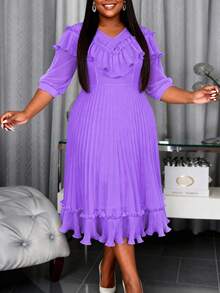 Plus Size Women's Lavender V-Neck Summer Chiffon Pleated A-Line Double-Layer Dress With Ruffle Hem, Sheer Puff Sleeves, Elegant Mid-Length Wedding Guest, New Year Party Dress - Purple - View 6