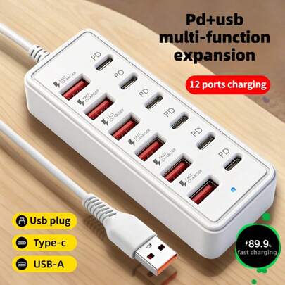 محطة شحن USB سريعة ب- 12 منفذ - بحد أقصى 25 واط لكل منفذ، شحن عالي السرعة، 6 منافذ من النوع C PD + 6 منافذ USB-A، تصميم مدمج، مناسبة للكمبيوتر المحمول/الأجهزة اللوحية/الأجهزة المتعددة، محور طاقة للمكتب، هدية للهواة التقنيين