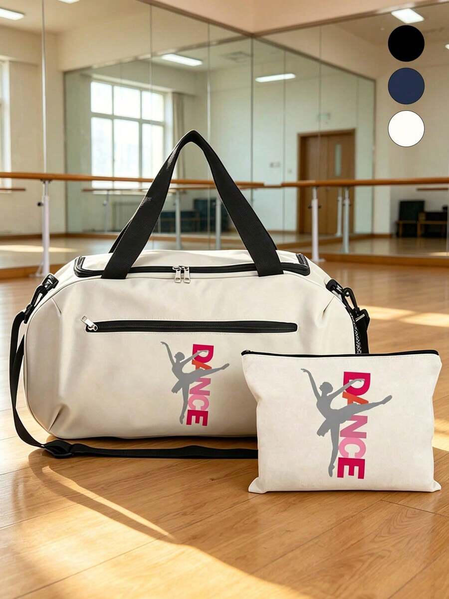 Dance Print Fitness Travel Bag Set, Ballet Fitness Bag With Shoulder Strap, Portable Makeup Bag, Large Capacity Sports Travel Bag, Fashionable Weekend Travel Bag, Suitable For Dance Classes, Fitness, Travel, Gymnastics And Practice, Ideal Gift For Dance Students, Women, Friends, Lovers, Unique Birthday Gift, Holiday Gift, Party Gift, Vacation Gift And Back To School Gift - Multicolor - View 1