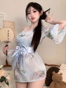 1pc Japanese Style Sakura Geisha Sexy Innocent Bow Kimono Costume Set, Suitable For Cosplay, Parties, Performances, Photoshoots - Includes Dress + Sash Only Spring - Multicolor - View 6