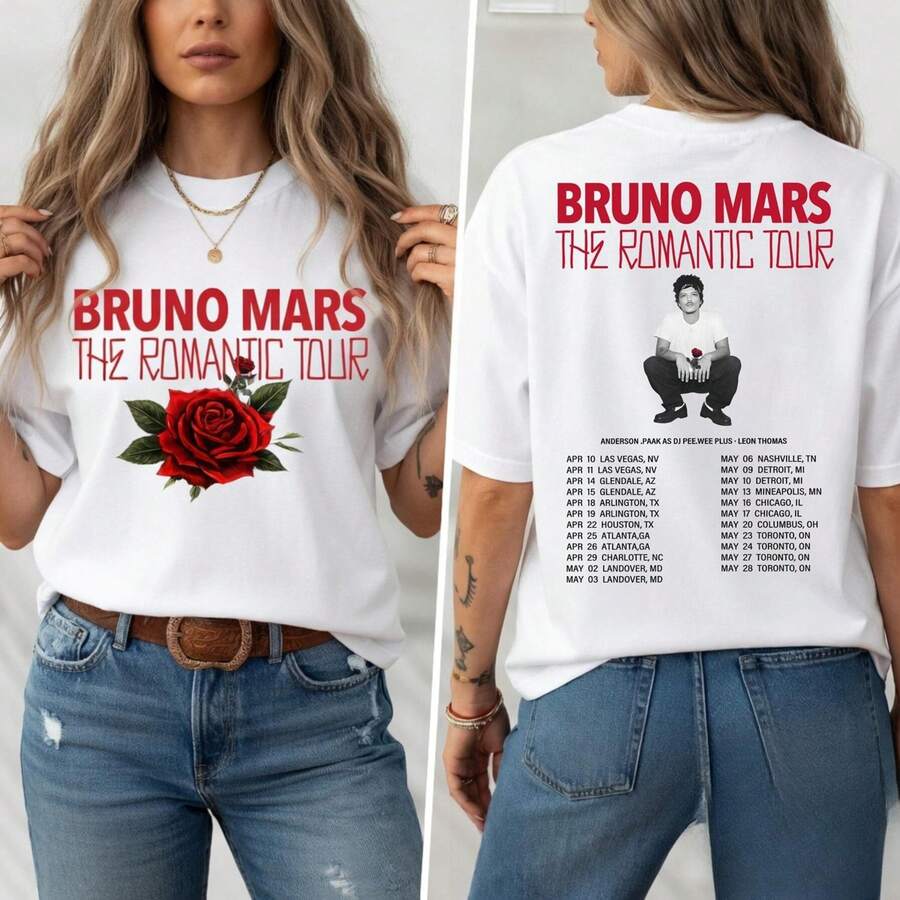BrunoMars 2026 Romantic Tour Cotton T-Shirt, Pink Double-Sided Print - White - View 1