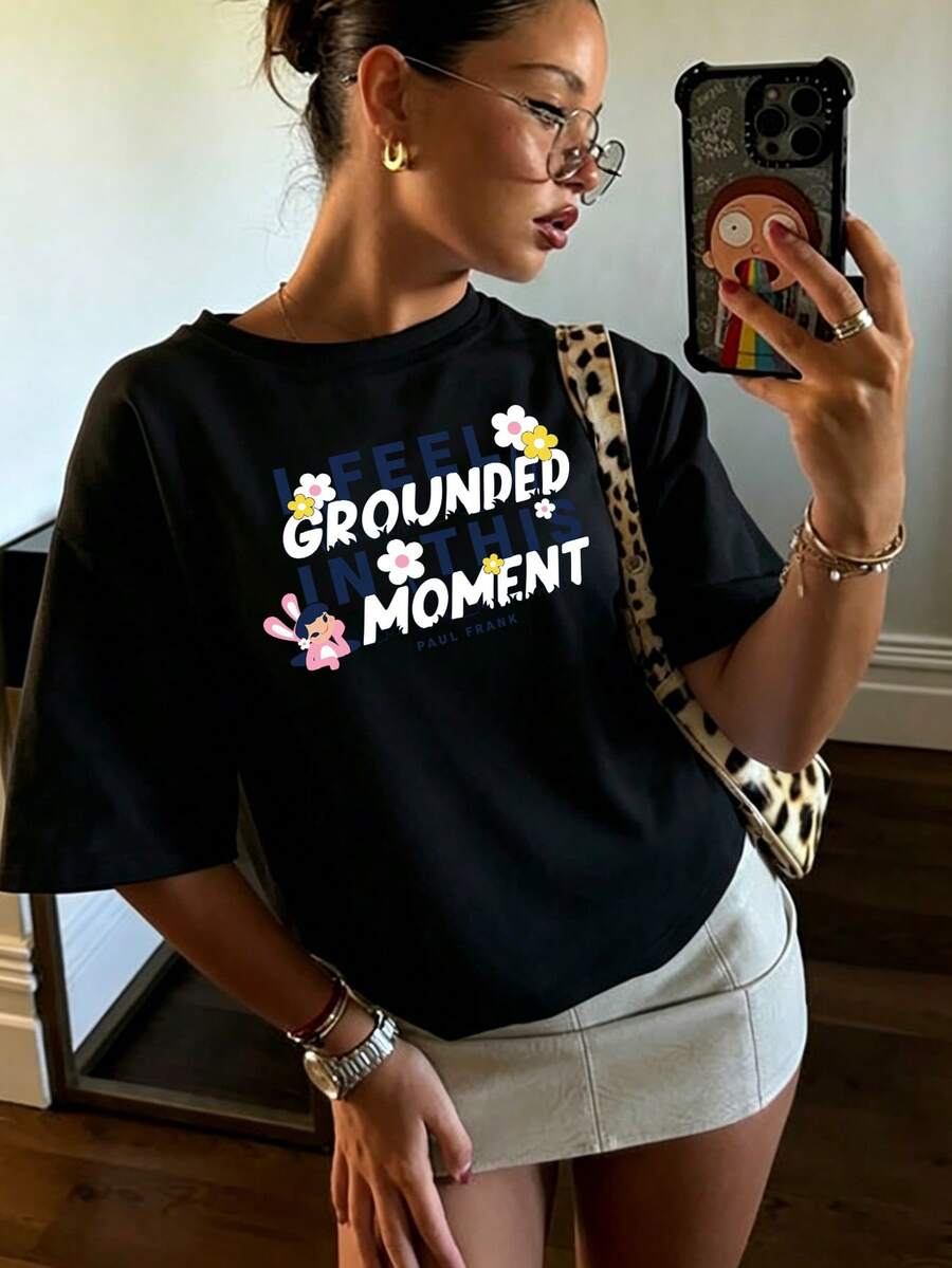 SHEIN X PAUL FRANK Camiseta holgada de manga corta y cuello redondo de ...