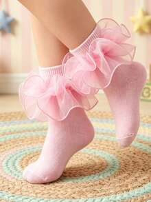 1 Pair Girls' Socks With Ruffle Floral Trim, Princess Baby Socks - Pink - View 2