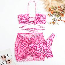 2026 New Striped Print Drawstring Tie Three-Piece Swimsuit Bikini - Black - View 7
