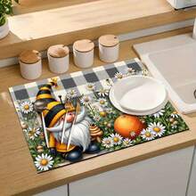 1pc Dish Drying Mat, Coffee Machine Pad, High Absorbency Draining Mat, Featuring Bee Gnome & Fresh Daisy Pattern, Gray & White Plaid Rustic Style, Ideal For Dining Table, Cafe, Kitchen Counter Decor, Multi-Purpose Drainage Pad, Home Gift, Tabletop Decor - XYLSD-438 - View 9