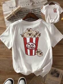 Camiseta Casual de Mujer con Estampado de Palomitas y Pug - Manga Corta, Cuello Redondo, Ajuste Cómodo, Blanco con Rayas Rojas, Diseño Divertido para Amantes de los Perros, Lavable a Máquina, Moda Moderna  Camiseta de Manga Corta  Estampado Digital - Negro - Ver 1