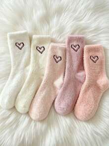 1/5 Pairs Women's Comfortable Heart Plush Socks, Soft Fluffy Warm Mid-Calf Socks, Suitable For Winter, Casual - Multicolor - View 5