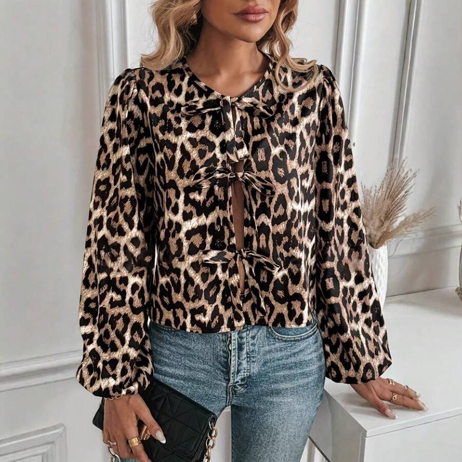 Spring‑Summer Stylish Niche‑Design Casual Tie‑Up Shirt, Leopard Print Vacation Blouse - Màu hỗn hợp - Xem 1