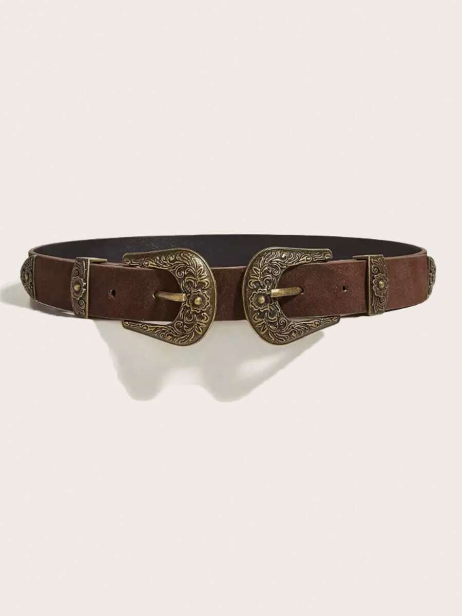 1pc Western Cowboy Style Double Buckle Coffee Brown Suede Women's Belt, Suitable For Jeans, Casual Pants, Daily Wear, Fashion Style, Outdoor Activities, Western Parties, Valentine's Day, Halloween, Music Festivals, Women, Mothers, Gifts, Birthdays, Vintage, Travel, All Seasons, Vacation - Brown - View 1