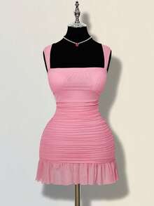 ICON Vestido mini ajustado de mujer de unicolor elegante con malla y drapeado - Rosa Pálido - Ver 1