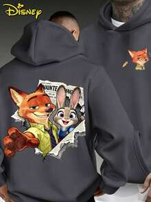 Oversized Disney Zootopia Hoodie, Nick Wilde & Judy Hopps Double-Sided Graphic, Streetwear Casual Pullover For Men - 灰色 - 查看 1