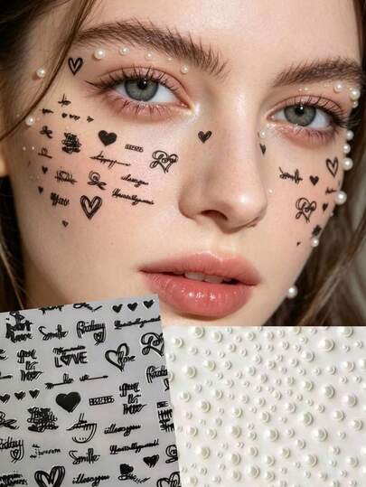 1 pieza Juego de pegatinas faciales estilo Y2K con texto de corazón escrito a mano en negro y decoración de perlas 3D, fácil de crear un look de maquillaje dulce y genial con brillo, ambiente de carnaval atmosférico, aplicación fácil sin pegamento, adecuado para festivales de música, fiestas y otras ocasiones, crea un estilo vintage personalizado, se convierte fácilmente en el centro de atención