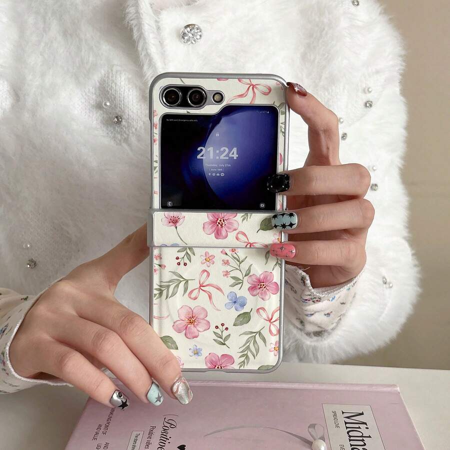 1pc Butterfly & Floral Pattern PC Foldable Phone Case Compatible With Samsung Galaxy Z Flip7/ZFlip6/ZFlip5/ZFlip4/ZFlip3 Leather Protective Cover - Multicolor - View 1