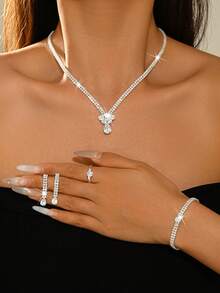 4 piezas Conjunto de joyería nupcial, collar con incrustaciones de cristal, aretes, anillo, pulsera, diseño de gota brillante para novia, adecuado para baile de graduación, boda, compromiso, Día de San Valentín, vacaciones de verano - Multicolor - Ver 4