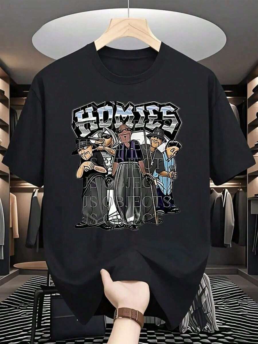 Printed T-Shirt 1 Unit Of 220 Grams Hip Hop Style T-Shirt 100% Cotton With Digital Print Friends Design Casual Men's Shirt With Short Sleeve And Round Neck, Casual Streetwear Urban Style - 黑色 - 查看 1