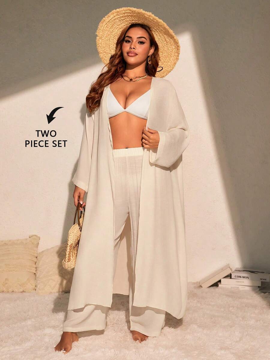 Set de 2 piezas de cubrecuerpo básico casual, talla grande, para vacaciones en la playa de verano - Albaricoque - Ver 1