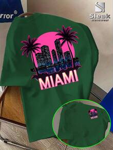Camiseta de manga corta con estampado de grafiti de arte urbano neón de Miami, estilo vacaciones americanas, diseño de tótem visual, ligera, moderna, para hombre, ropa casual de calle, súper popular, transpirable, capa base. - Verde - Ver 1