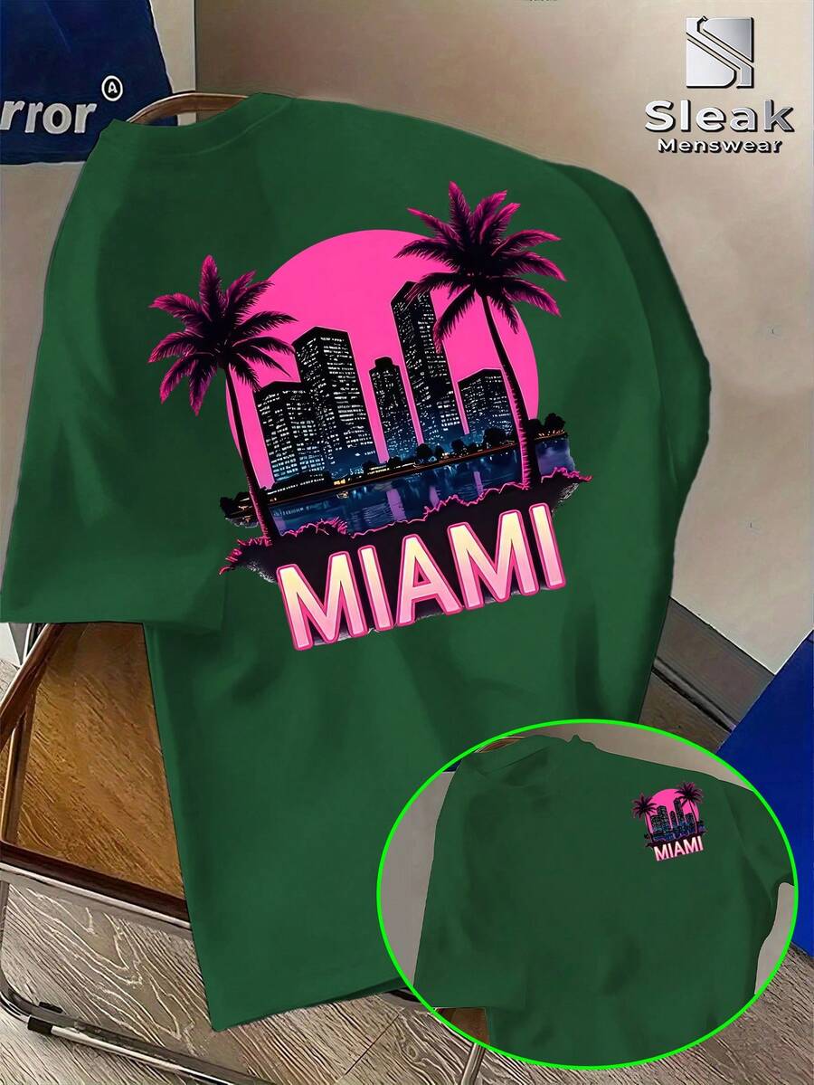 Camiseta de manga corta con estampado de grafiti de arte urbano neón de Miami, estilo vacaciones americanas, diseño de tótem visual, ligera, moderna, para hombre, ropa casual de calle, súper popular, transpirable, capa base. - Verde - Ver 1