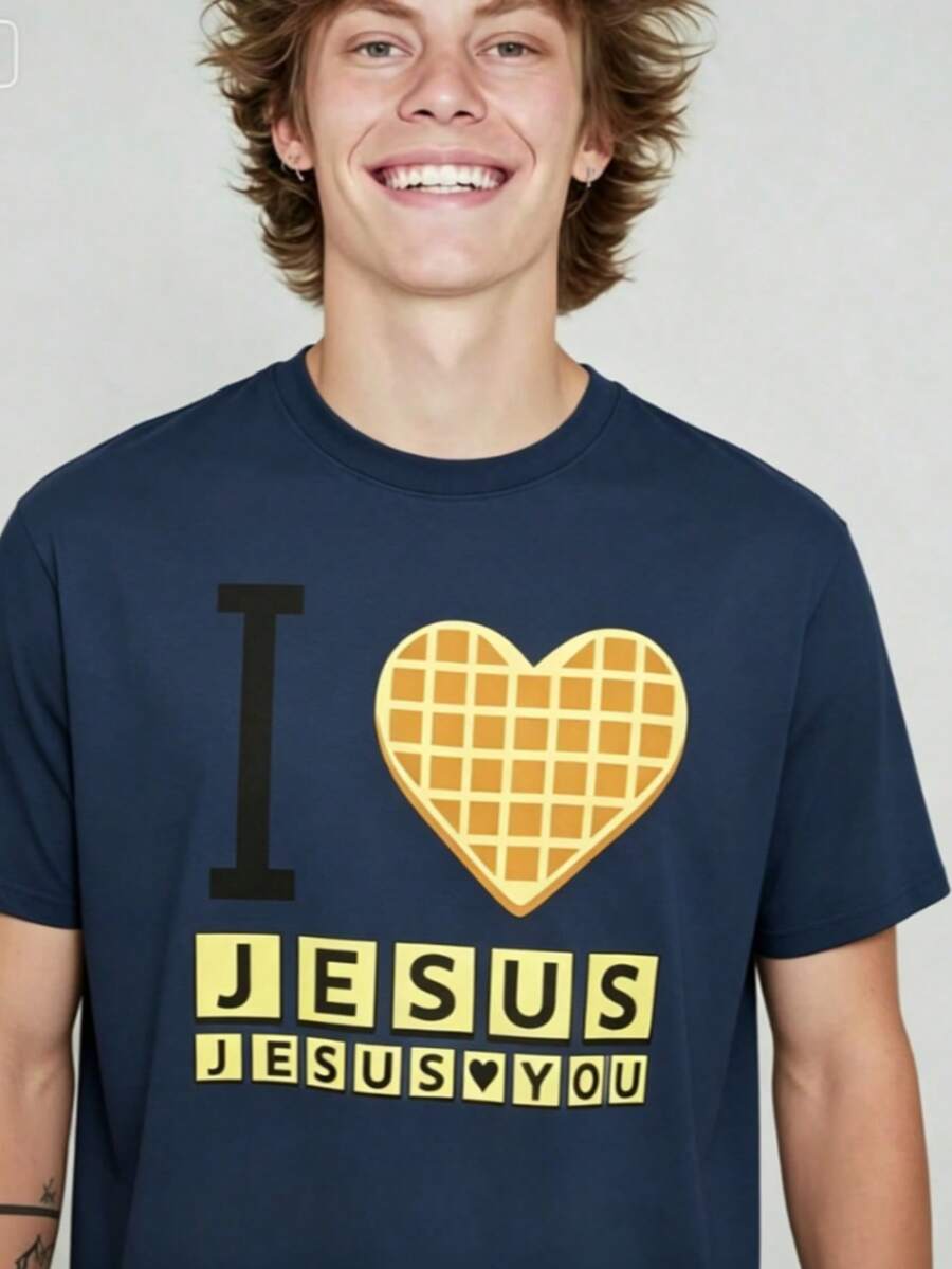 High-QualityI Love Jesus Jesus Love You Waffle Shirt, Bryce Crawford Merch, Christian Apparel Graphic Tee, Funny Christian Breakfast T-Shirt - 藏蓝色 - 查看 1