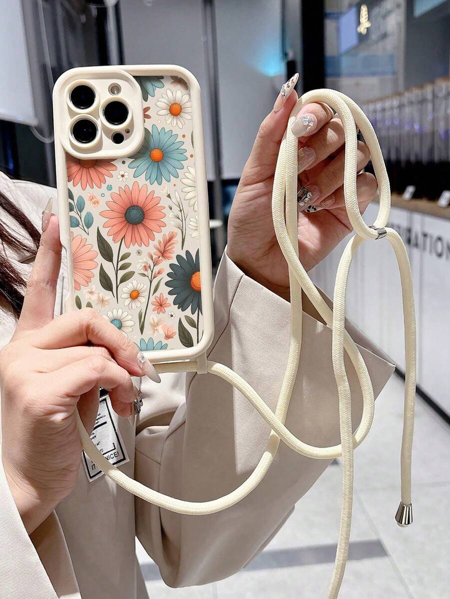 1 Piece Fashion Phone Case. Does Not Include Lanyard Or Stand. Shockproof Fashion Phone Case Shoulder Strap Lanyard Style Flower Pattern Painted Flower High Quality Groove Texture Thick Anti-Drop Handmade Braided Wrist Strap Shoulder Strap Painted Soft Phone Case Compatible With 16/11/16pro/16plus/16promax/16e/15Promax/13/14/12/XS/XR/7G/8P Phone 13 14 11P 12P 11XS Phone Case, Detachable Wrist Strap Crossbody Bag Stylish Waterproof Scratch Resistant Spring Gift Party Birthday - 多色 2 - 查看 1