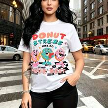 Camiseta de mujer con estampado divertido de donas y frase "Donut Stress Your Best" - diseño colorido con ilustraciones de donas rosas, azules y chocolate, ajuste cómodo y casual, estilo urbano ideal para paseos por la ciudad o salidas con amigas - r - Blanco - Ver 10