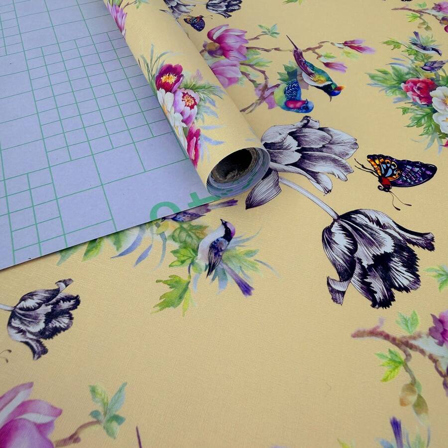 YUANYI 1 Roll Vintage Chinese Style Floral Bird Butterfly Self-Adhesive Wallpaper, 44.5cm/17.5in Wide, Waterproof Oil-Proof Easy Clean Cuttable Peel And Stick Wall Sticker, Suitable For Tea Room Study - Yellow Flower Language - View 1