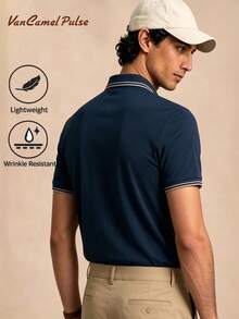 Vancamel Pulse Men's Short Sleeve Loose Fashion Breathable Lightweight Polo Shirt, Simple Versatile Home T-Shirt, Daily Outdoor Exercise Commute Sports Style Short Sleeve - Navy Blue - View 3