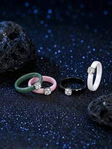 Pinannie Nhẫn đính ước tối giản 3mm dành cho nữ, nhẫn cưới bằng gốm sứ, nhiều màu sắc hồng, xanh lá cây, trắng, đen, đá Cubic Zirconia dễ thương, quà tặng trang sức cho người yêu. - Nhẫn Solitaire tối giản - Xem 12