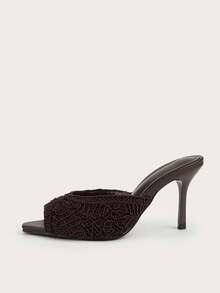 Mules de tacón alto fino tipo slip-on para mujer, color café marrón, punta cuadrada, ganchillo, punta abierta, estilo de Oriente Medio, zapatos de verano - Café integral - Ver 2
