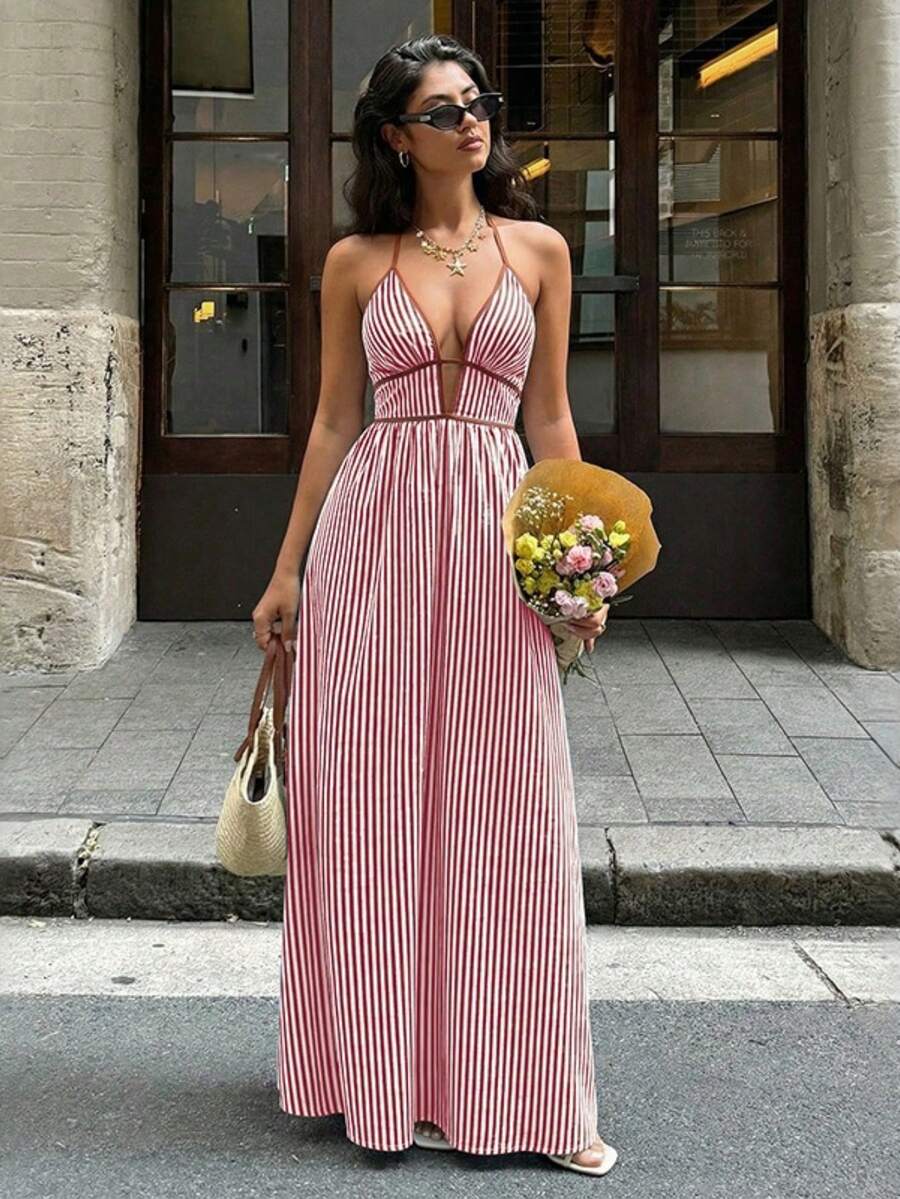Vestido Cuello Halter Espalda Descubierta Rayas Disponible en Múltiples Colores - Burdeos - Ver 1