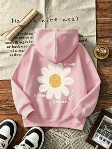 Baby Girl Daisy & Letter Print Hooded Sweatshirt, Soft Casual Long Sleeve Pullover Sweatshirt - Pink - View 6