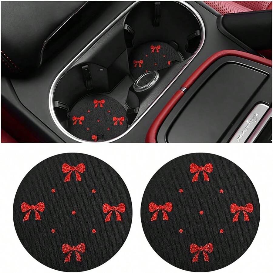 2pcs Bling Rhinestone Bow Car Cup Holder Coasters Universal Anti Slip Spill Proof Automotive Interior Accessories Red - Red - View 1