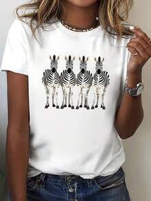 Sommar Toppar Dam  2026Casual Short-Sleeve Crew Neck T-Shirt Featuring Four Zebras, Perfect For Spring And Summer, Designed For Women  Addio Al Nubilato - White - View 1