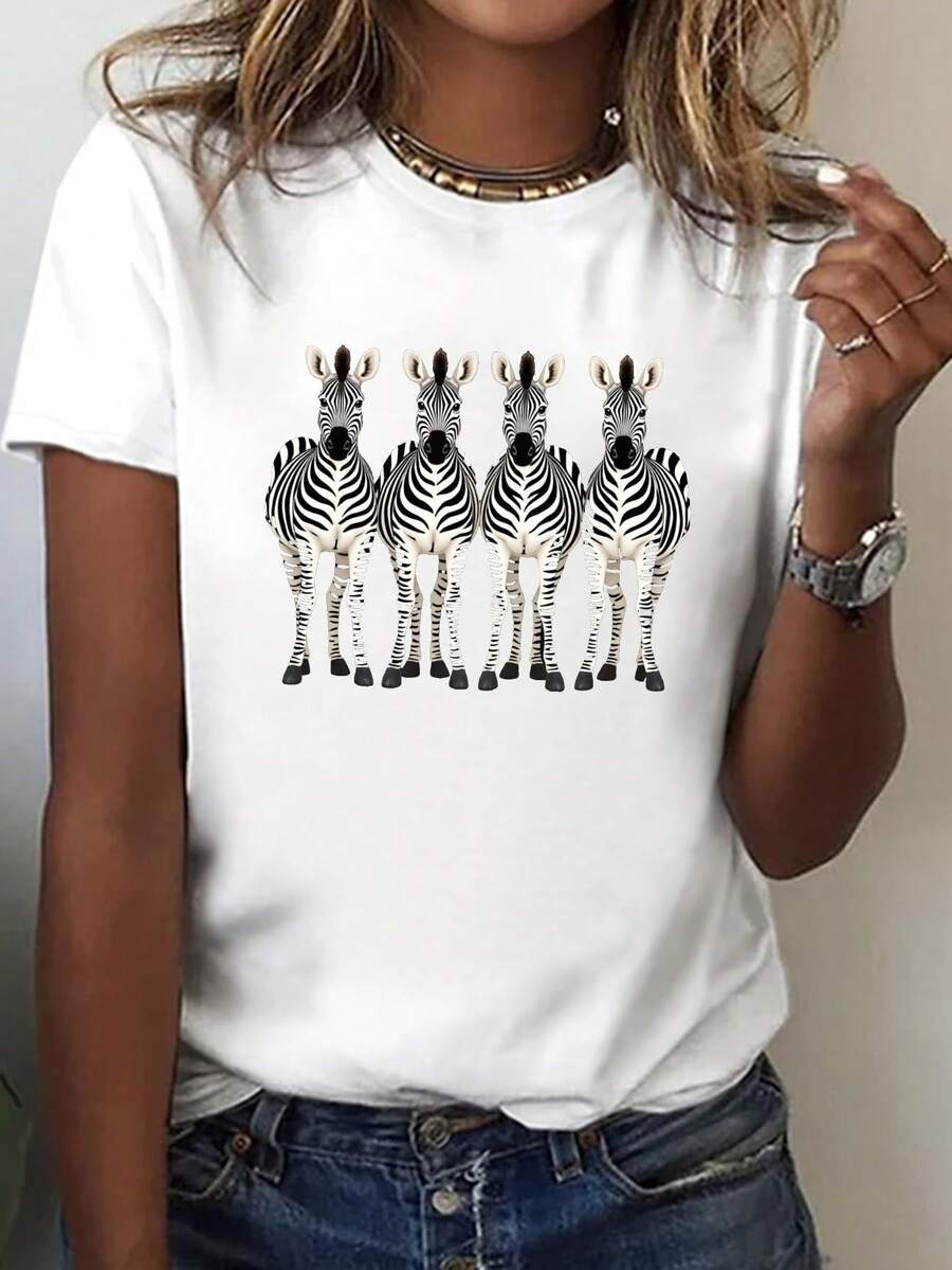 Sommar Toppar Dam 2026Casual Short-Sleeve Crew Neck T-Shirt Featuring Four Zebras, Perfect For Spring And Summer, Designed For Women Addio Al Nubilato - White - View 1