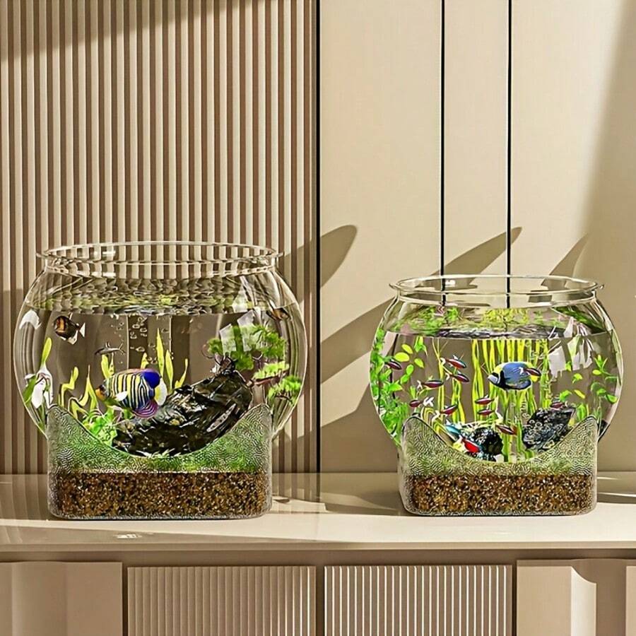 1 pieza Acuario redondo transparente duradero, resistente a roturas y antivuelco, adecuado para tortugas y peces pequeños, acuario de escritorio, diseño de piedra natural, acuario decorativo multifuncional para interior/exterior - Multicolor - View 1