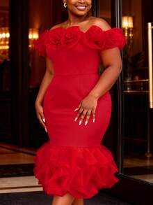 Plus Size Women's Red Off Shoulder Ruffle Fishtail Dress, Mesh Patchwork 3D Floral Elegant Fitted Dress For Evening Party Wedding Club - Red - View 5