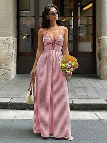 Halter Neck Striped Backless Dress Available In Multiple Colors - Burgundy - View 8