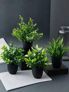 Small Artificial Potted Plants/Faux Moss Stones (1, 2, Or 3 Piece Set) - Green Plants With Black Pots; Suitable For Home Decor, Office, Dining Table, Farmhouse Style Spaces, Patio And Bathroom. - Black - View 8